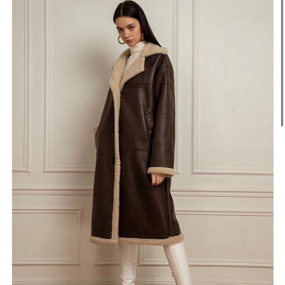 Faux Long Brown Leather and Sherling Coat